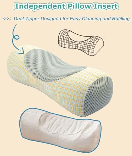 Buckwheat Neck Roll Pillow for Sleeping, 5''x15'' Small Lumbar Roll Pillow for Stiff Pain Relief, Neck Support Back Pain Relax Bolster Pillow with Breathable Plaid Pillow Covers (Blue)