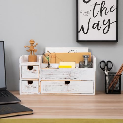 White Wooden Desktop Organizer 3 Removable Drawers Office Supplies Wood Storage Caddy Box Stationery Pencil Multiple Cabinet Slots Mail Holder Note Pads Accessories Home Makeup Tools Cosmetics