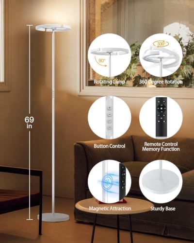 SIBRILLE White Floor Lamp, Modern Stepless Dimmable Standing Lamp 3000-6000K, 20W LED Rotatable Reading Tall Lamp, Touch & Remote Control Uplighter Floor Lamps for Living Room Bedroom Office