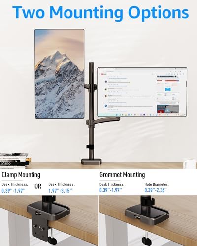 MOUNTUP Vertical Dual Monitor Mount Holds 4.4-17.6lbs, up to 32 Inch Stacked Monitor Mount with Gas Spring Arm with Clamp/Grommet Base, Dual Monitor Stand for Desk, For Home Office, VESA 75x75/100x100