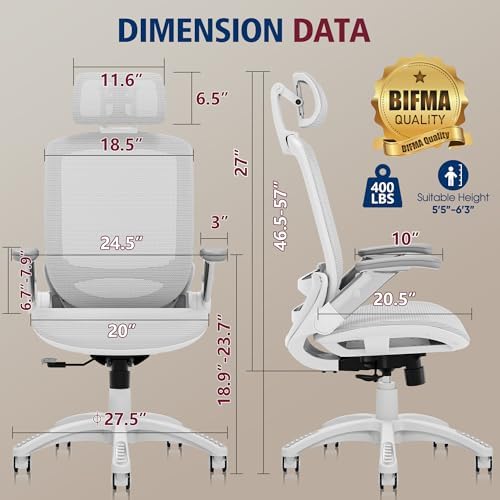 GABRYLLY Ergonomic Office Chair, High Back Home Desk Chair with 2D Flip-Up Arms, 3D Headrest, 90-120° Tilt and Wide Cushion, Big and Tall Mesh Chairs for Man Woman, Computer Task Chair Light Grey