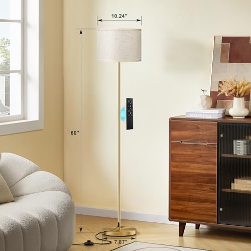 Ambimall 60'' Modern Floor Lamp with Remote, Tall Lamps for Living Room, Bedroom, Office, Dining Room, Beige Shade with Gold Pole(Included Bulb)