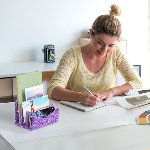 Mail Organizer Envelope Holder - 3 Compartments Glitter Purple Acrylic Mail Holder Countertop Vertical Desk Organizer Small File Bill Document Notebook Letter Sorter for Home School Office
