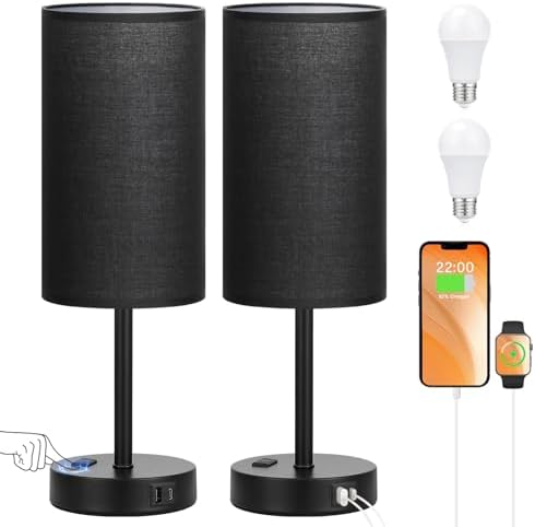 17" Tall Bedside Lamp Set of 2 - Touch Bedroom Lamp with USB A+C, AC Outlet