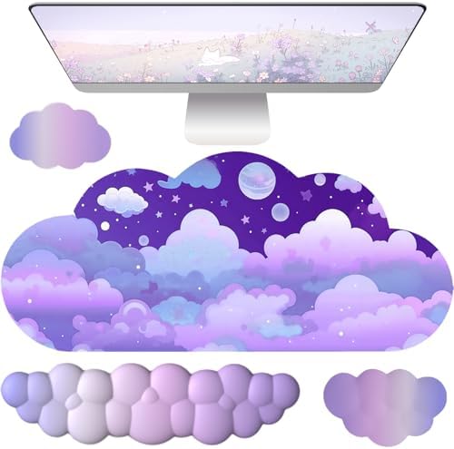 Cloud Mouse Pad Keyboard Wrist Rest for Mouse 4PCS Extended Large Stars Galaxy Space Desk Mat Pad Set Memory Foam Non-Slip Cute Ergonomic Game Mouse Wrist Support for Computer Home Office Purple Sky