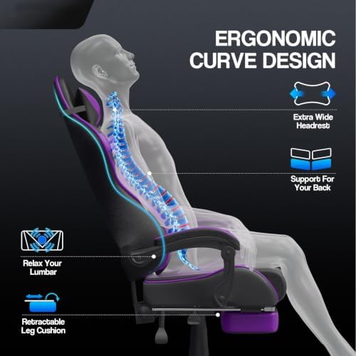 Huracan Gaming Chair with Footrest, Ergonomic Computer Chair Lumbar Support, Adjustable High Back Recliner for Adults, Racing Style Video Gaming Chairs, for Home Office Streaming, Purple