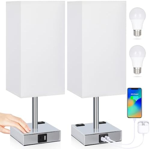 Set of 2 Bedside Table Lamp 3 Way Dimmable Nightstand Lamp with USB C & USB A Charging Port, 2 AC Outlets, 3000K LED Bulbs (White)