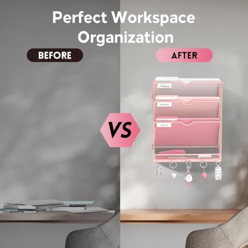 4-Tier Wall File Organizer and Mail Organizer with 5 Hooks, Pink