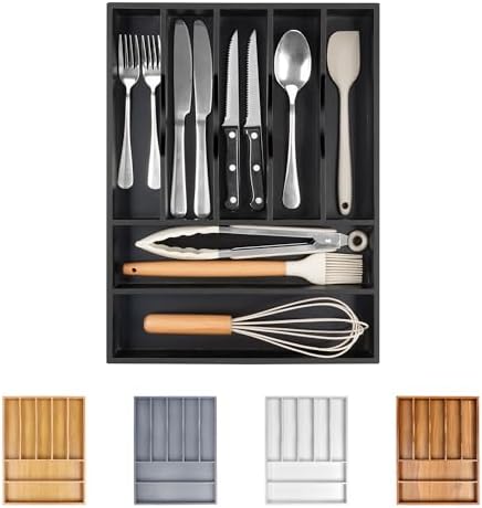 Bellsal Bamboo Silverware Drawer Organizer, Utensil Kitchen Drawer Organizer, Utensil Holder Cutlery Tray with Grooved Drawer Dividers for Kitchen Utensils and Flatware Bedroom Office (7 Slot, Black)