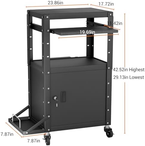 Mobile AV Cart with Side Shelves, Rolling Computer Cart Height Adjustable Rolling Media Utility Cart with Pullout Keyboard Tray Extra Storage Space, 4 Outlets, Perfect for Home or Office Use
