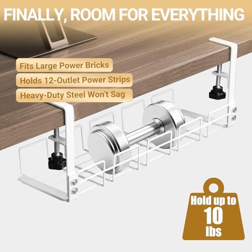 Under Desk Cable Management Tray, 15.7'' Metal Wire Organizer with Clamp, No Drill Desk Cord Rack for Cable Management, Computer Wire Organizer for Office and Home, Sturdy & Scratch-Free