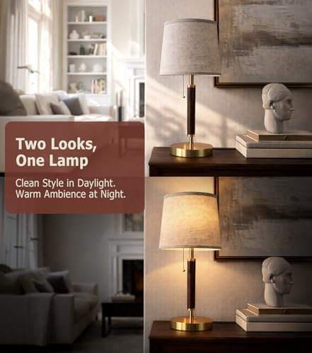 JOOFO Mid Century Wood Table Lamp with Pull Chain, Bedside Lamp.