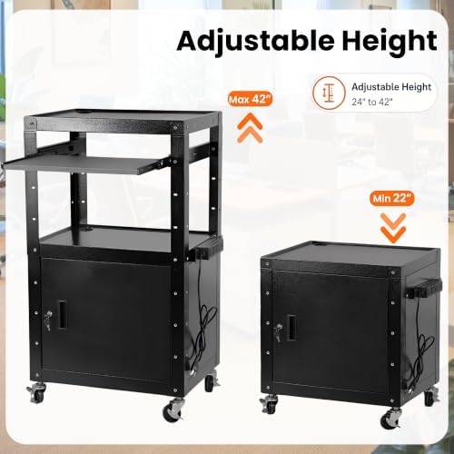 AV Cart with Wheels and Power, Locking Cabinet and Keyboard Tray