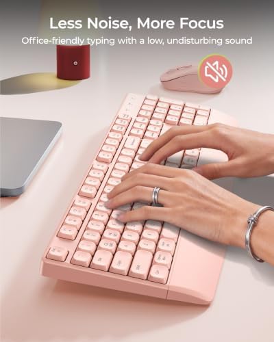 seenda Wireless Bluetooth Ergonomic Keyboard Mouse Combo, Full Size, Pink