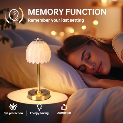 Shenmoyl Tulip Table Lamp with 5000mAh Battery & Touch Control, Cordless Table Lamp with 3 Colors, Dimmable Rechargeable Table Lamps for Bedroom, Nightstands, Living Room, Entryways (White Tulip)