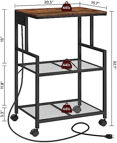 MAHANCRIS Mobile Printer Stand, 3-Tier Industrial Printer Cart with Power Outlets and 2 USB Ports, Rolling Printer Table on Wheels for Home Offices Kitchen Organization Rack, Rustic Brown PTHR78E01