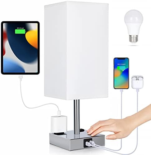 Bedside Lamp with USB Ports - Touch Control Table Lamp for Bedroom with USB C+A Charging Ports & AC Outlets, 3 Way Dimmable Nightstand Light for Living Room (LED Bulb Included, Chrome - White)