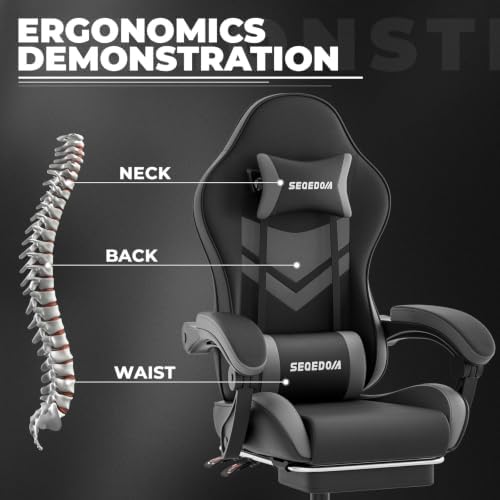 Gaming Chair with Footrest & Massage Lumbar Support, PU Leather Ergonomic High Back Swivel Height Adjustable Chair for Adults, Office Gaming, 300 lbs (Black Grey)