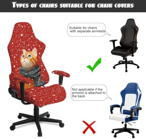 Christmas Cat Gaming Chair Seat Cover Holdiay Game Chair Slipcovers with 2 Armrest Covers, Scratch-Proof 4 PCS Gamer Desk Chair Covers Xmas Decor