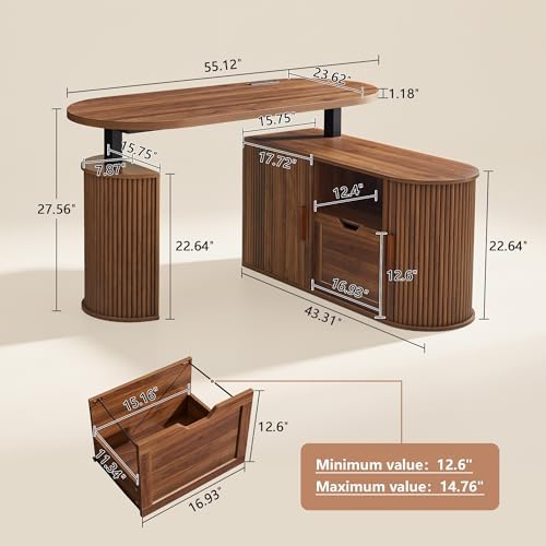 55" L Shaped Oval Electric Wood Standing Desk with Storage