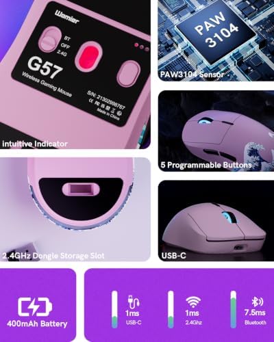 G57 Wireless Gaming Mouse, 8000 DPI, Pink