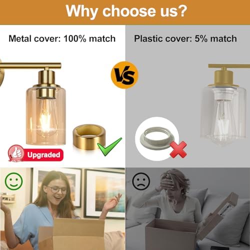 Zarbitta 3-Light Bathroom Light Fixtures, Brushed Gold Vanity Light, Farmhouse Wall Lights with Amber Glass Shades, Bathroom Wall Lamp for Mirror Kitchen Bedroom Hallway Living Room