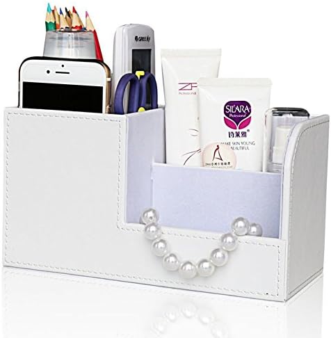 KINGFOM Desk Organizer Office Supplies Caddy Pu Leather Multi-function Storage Box Pen/Pencil,Cell phone, Business Name Cards Remote Control Holder White