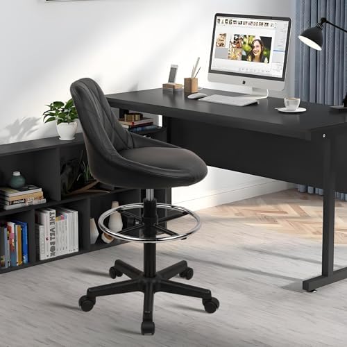 KLASIKA Drafting Chair with Back, Leather Rolling Swivel Stool with Adjustable Height and Footrest, Ergonomic Tall Standing Desk Office Chairs with Wheels for Home Work Shop Kitchen Bar, 1PK