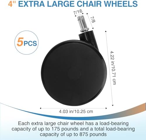 5 Pcs 4'' Extra Large Chair Wheels for Carpet, Large Office Chair Wheels, Heavy Duty Office Twin Chair Casters Replacement 7/16 x 7/8 Grip Ring for Furniture Hardwood Floor Computer Desks