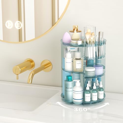 Rotating Makeup Organizer, DIY 8 Adjustable Layers Spinning Skincare Storage, Cosmetic Display Case with Brush Holder and Perfume Tray, Multi-Function Vanity Bathroom Countertop Organizer Clear Blue