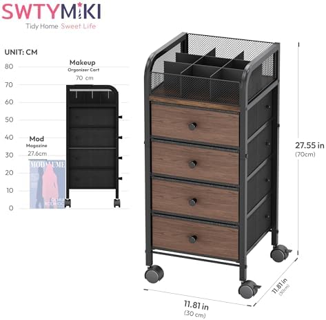 SWTYMIKI Rolling Makeup Organizer Cart - Under Desk Vanity Makeup Storage with 4 Non-woven Drawers, Nail Cart Organizer Cosmetic Display Cases Cabinet for Skin Care Perfume Nail Polish Brush Hair Tool