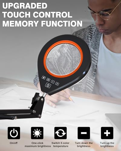 Real Glass Magnifying Lamp, 10X/5X, 10 Brightness, LED, Long Arm, Orange