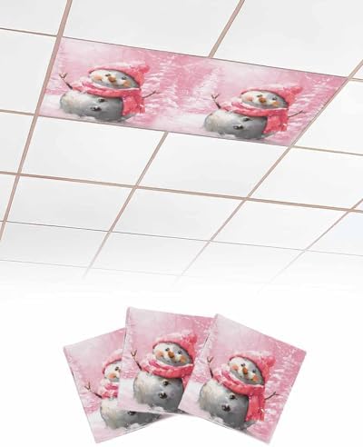 Pink Snowman Magnetic Fluorescent Light Covers for Ceiling Lights 2 x 4 Feet,Christmas Tree Forest Vintage Painting Office Classroom Kitchen Drop Ceiling Light Covers Filters Shade Panel 3 Packs