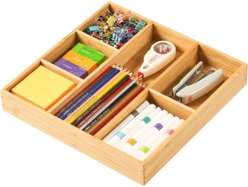 Umilife Bamboo Desk Drawer Organizer, Wood Office Junk Tray, 12"x12"