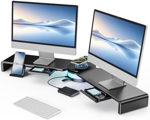 Dual Monitor Stand Riser with USB Hub, 15W Wireless Charging & RGB