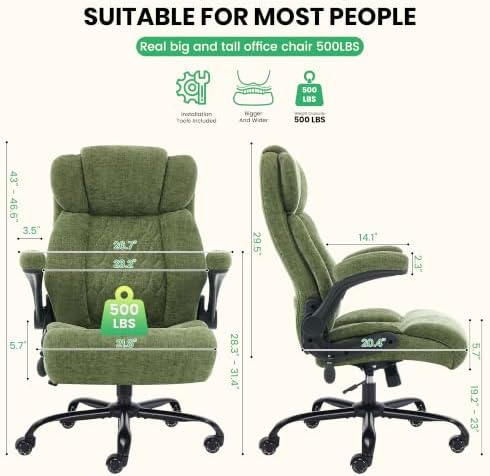 500lbs Big and Tall Office Chair Adjustable Lumbar Support for Back Pain, Extra Wide Seat Executive Office Chair Thick Armrest Pad, Heavy Duty Base&Upgraded Wheels, Ergonomic Desk Chair (Dark Green)