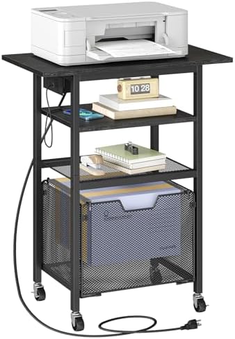 HOOBRO Printer Stand with Hanging File Drawer, Rolling Printer Cart on Wheels, Mobile Filing Cabinet Storage Shelf, Home Office Desk Side Organizer, Black BB17UPS01