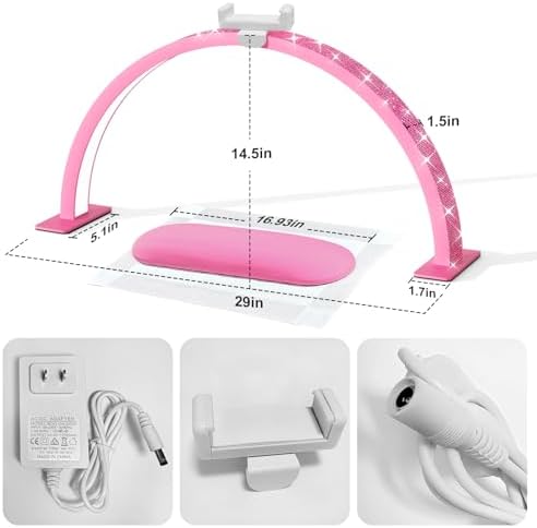 Half Moon Light for Nail Desk - 29-inch LED Nail Tech Lamp with Hands Pillow, Phone Holder，Dimmable Arch Design,48W Portable Manicure Light for Salon and Home Use（Pink-Pink Diamond）