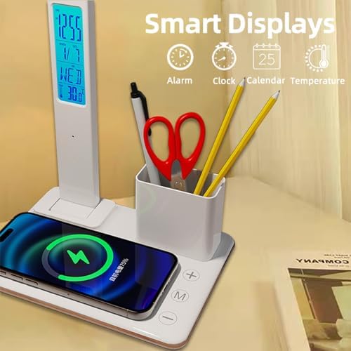 IHAO 7in1 Multi Functional Desk Lamp with Wireless Charger Digital Clock Fast Charging for Phone Earbuds Time/Date/Temp Display Alarm Clock 3 Light Modes Detachable Pen Brush Pot-HYT1771 White