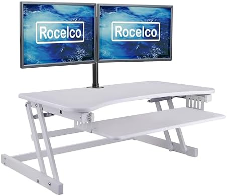 Rocelco 37.5" Height Adjustable Standing Desk Converter with Dual Monitor Mount and Anti-Fatigue Mat - Slide Out Retractable Keyboard Tray - Sit Stand Up Tabletop Riser - White (R DADRW-DM2-MAF)