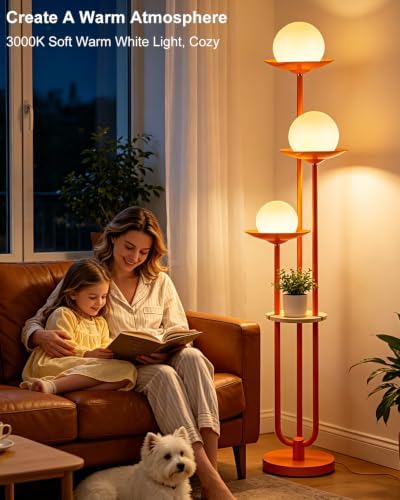 63IN Globe Floor Lamp with Shelf 3-Lights Modern Dimmable Orange Floor Lamps with 3000K Soft Warm White Bulbs for Wedding/Party, Tall Standing Lamp with 5Lbs Heavy Base for Living Room/Bedroom