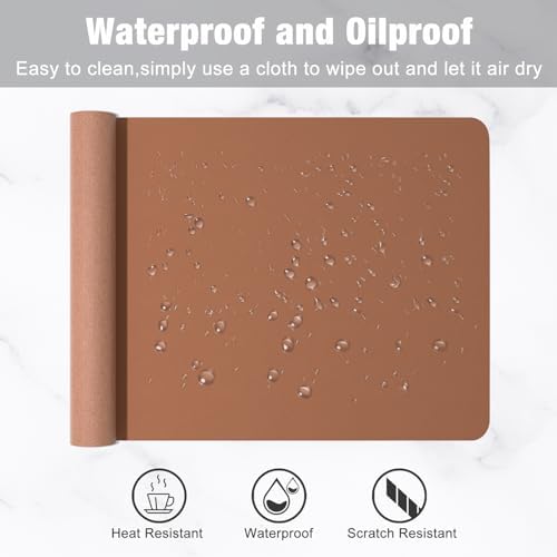 Hsurbtra Desk Pad, 23.6" x 13.8" PU Leather Desk Mat, M Extended Mouse Pad, Waterproof Desktop Blotter Protector, Non-Slip Ultra Thin Small Laptop Keyboard Writing Mat for Office Home, Dark Apricot