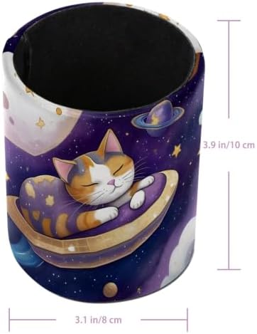Leather Pen Holder for Desk, Planet Cat Pencil Cup Pen Organizer Makeup Brush Holder for Office Home Kids Countertop Desk Accessory Storage
