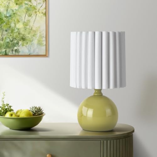 Ziqqeelam Green Small Table Lamp with Scalloped Linen Shade, Mini Green Table Lamp for Bedroom Nightstand, Cute Desk Night Light for Living Room, Bookshelf, Kitchen Counter, Kids Room, Office
