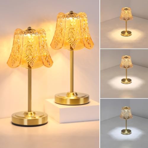 Shenmoyl Set of 2 Cordless Touch Table Lamp with 5200mAh Battery - 3 Adjustable Color Temperatures & Dimmable, Rechargeable Lamp for Bedsides, Living Room, Entryway, Bookshelves (Amber Rose)