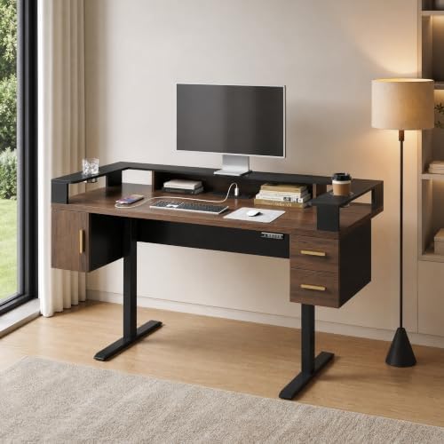 61'' x 25.5'' Electric Standing Desk with 2 Drawers, Dual Cup Holders