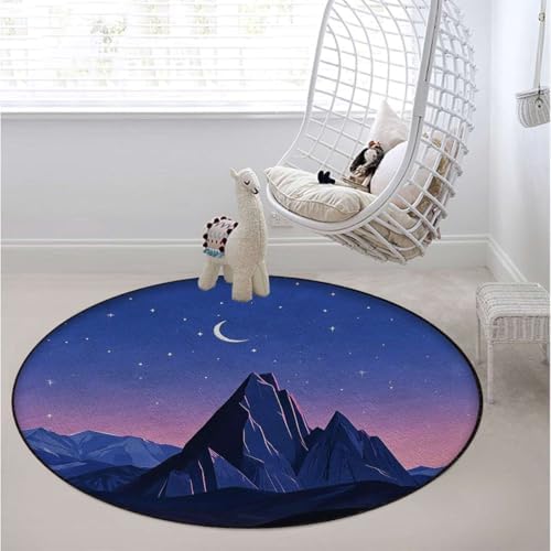 Moonlit Mountains Round Office & Gaming Chair Mat for Hardwood Floors, Serene Night Landscape Soft & Thick Low-Pile Protector for Rolling Chairs, Blue Purple Diameter 35.4 in