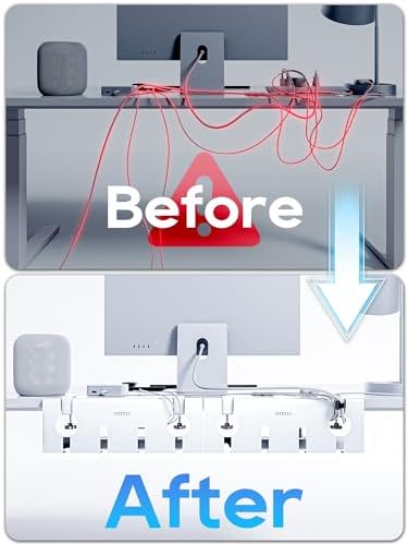NODOCA No Drill Under Desk Cable Management Tray, 17'' Wire Management, Punch-Free Clamp on, Metal Cable Tray, Wire Organizer Under Desk, Under Desk Basket for Office and Home, White(2 Packs)