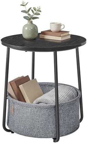 SONGMICS HOME Small Side Table, Round End Table, 2 Tier Nightstand with Basket, U Shaped Steel Legs, Easy Assembly, for Living Room, Bedroom, Black and Gray