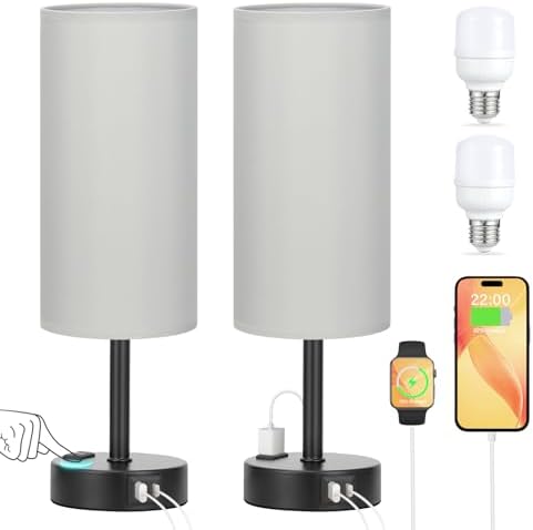 PartageiZ Grey Touch Table Lamps Set of 2-3 Way Dimmable Bedroom Lamps for Bedside with USB C and A Ports, Small Nightstand Lamps with AC Outlet, Desk Lamps with Black Base for Office Boys